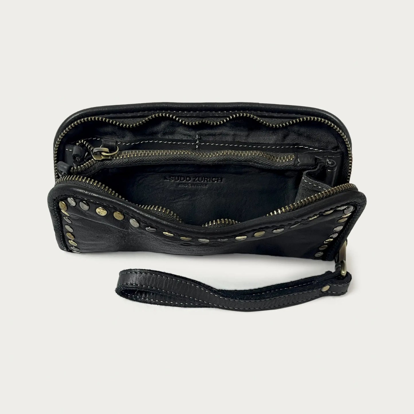 Black Italian leather wallet — Aurum style — open view showing interior — Made in Tuscany