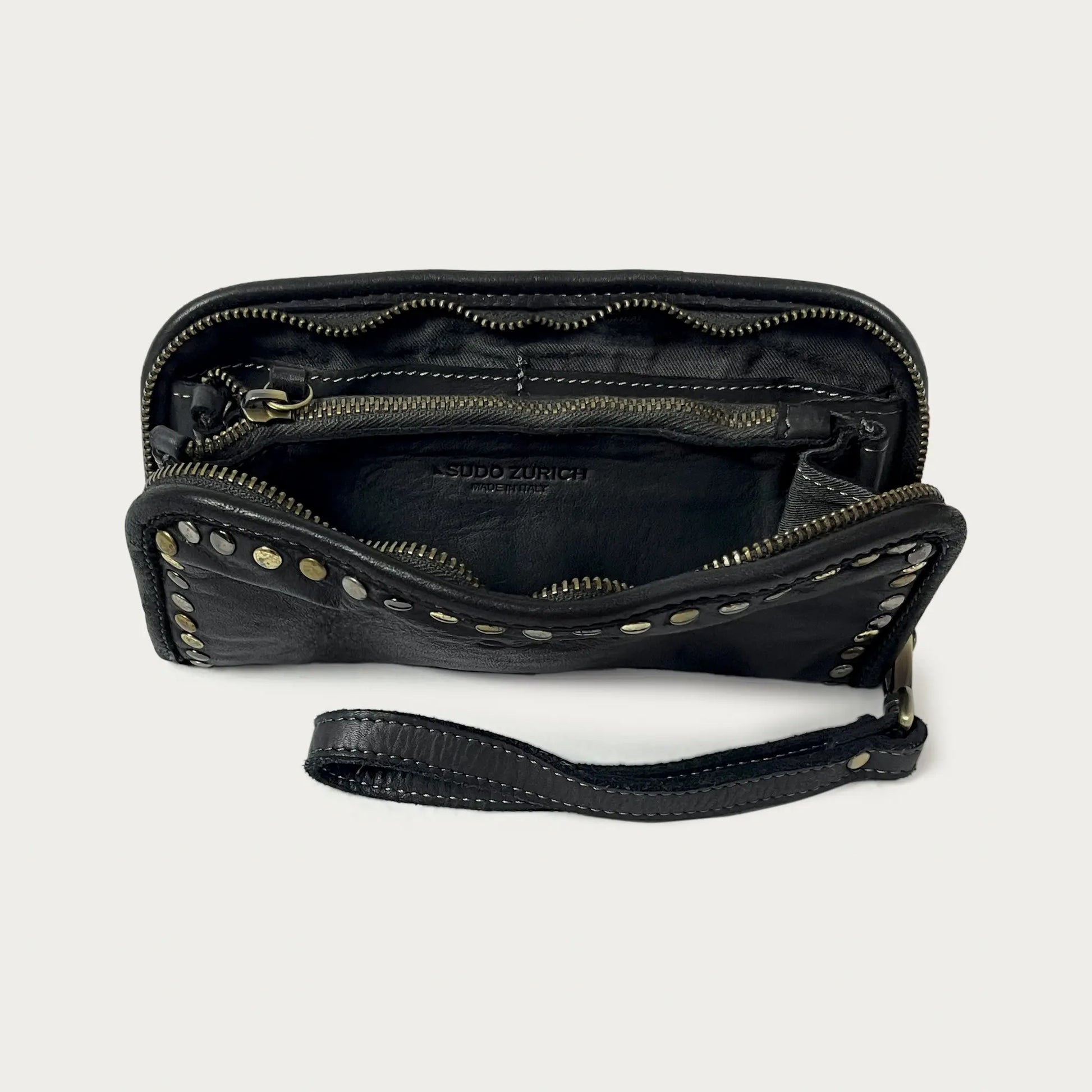 Black Italian leather wallet — Aurum style — open view showing interior — Made in Tuscany