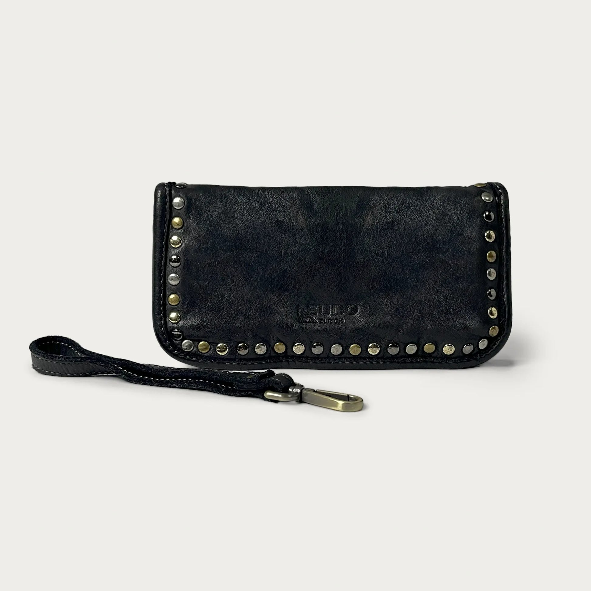 Black Italian leather wallet — Aurum style — wrist strap detail — Made in Tuscany