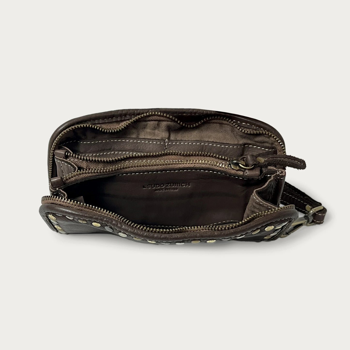 Brown Italian leather wallet — Aurum style — open view showing interior — Made in Tuscany