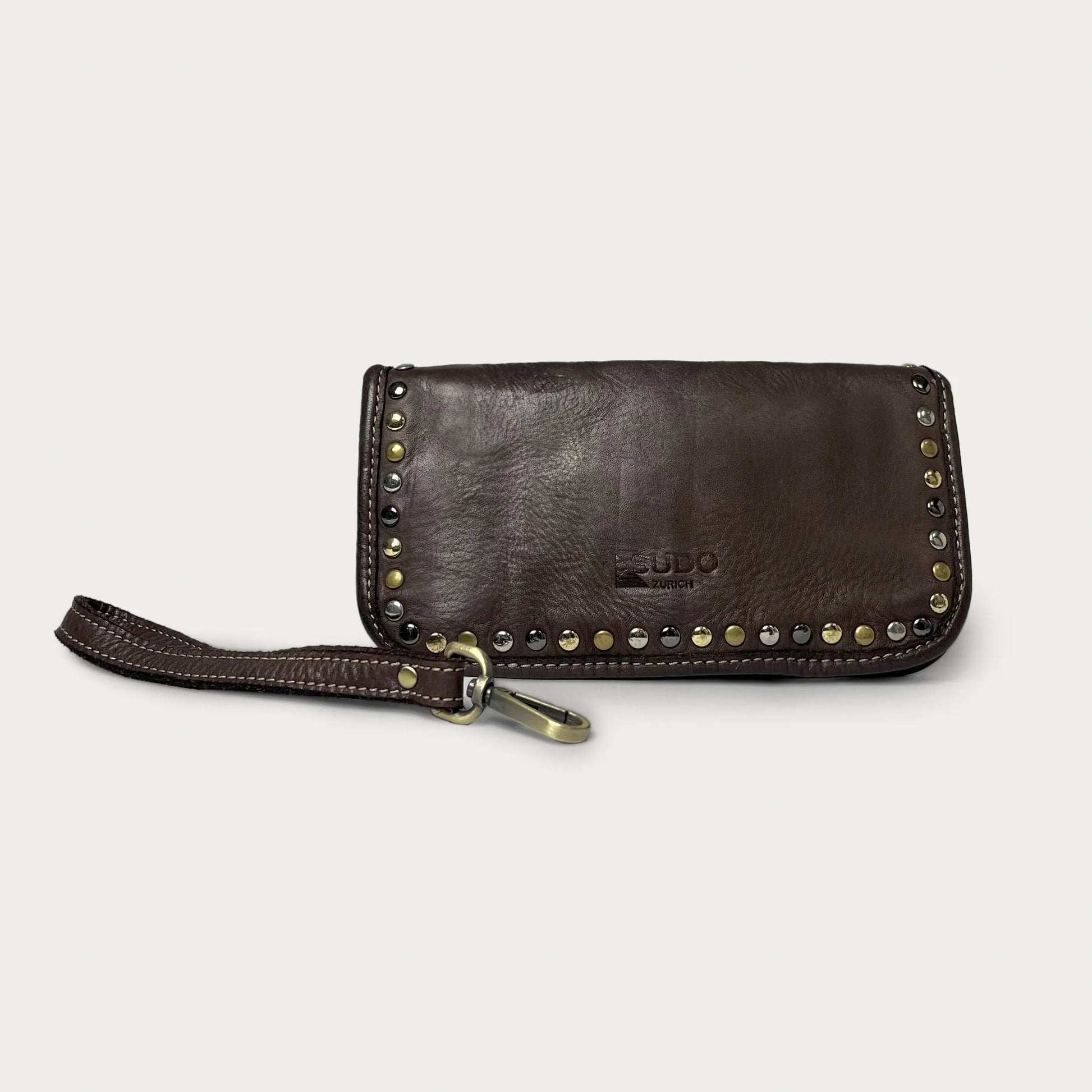 Brown Italian leather wallet — Aurum style — wrist strap detail — Made in Tuscany