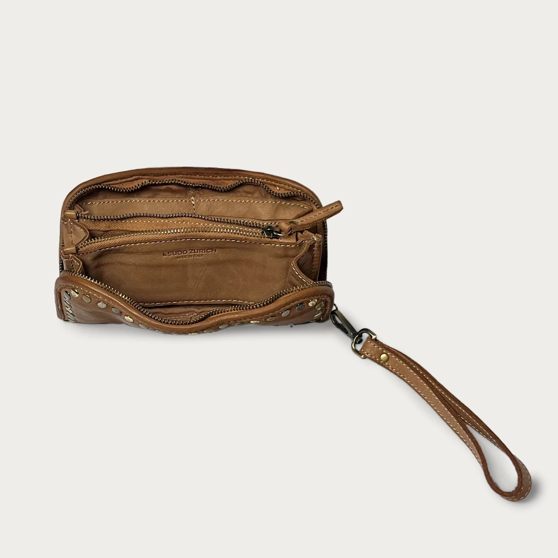 Cognac Italian leather wallet — Aurum style — open view showing interior — Made in Tuscany