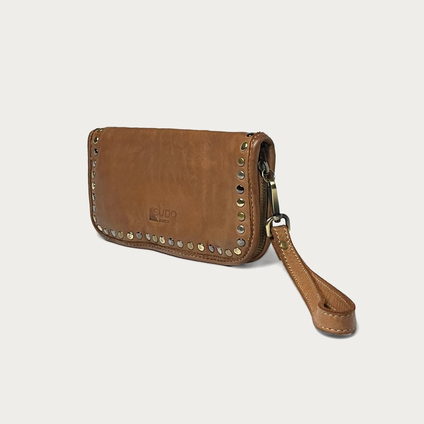 Cognac Italian leather wallet — Aurum style — side view — Made in Tuscany