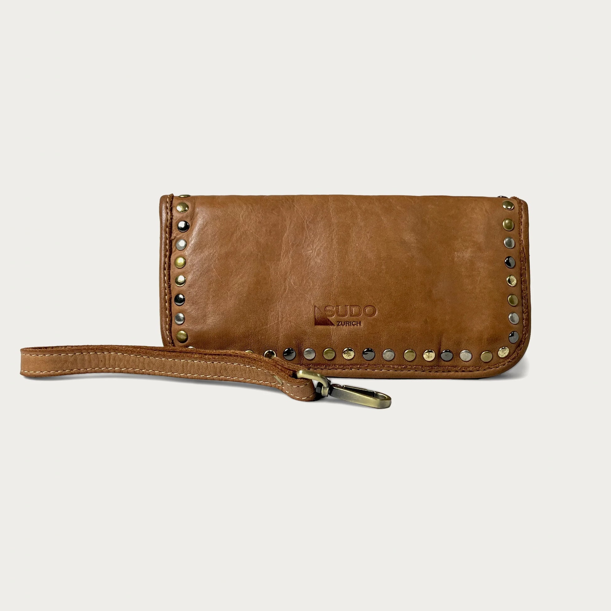 Cognac Italian leather wallet — Aurum style — wrist strap detail — Made in Tuscany