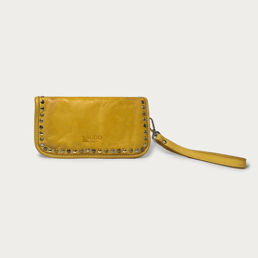 Mustard Italian leather wallet — Aurum style — front view — Made in Tuscany