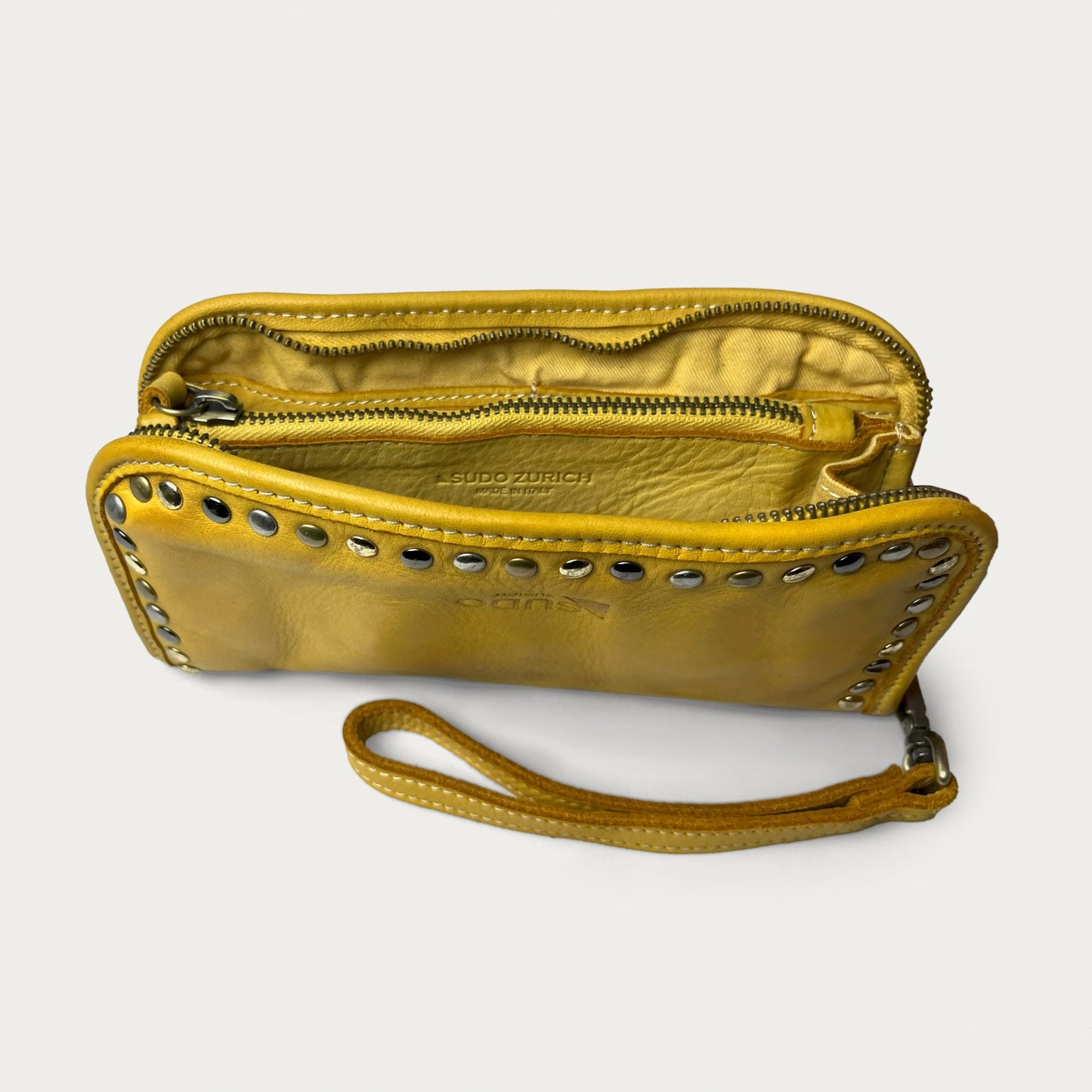 Mustard Italian leather wallet — Aurum style — open view showing interior — Made in Tuscany