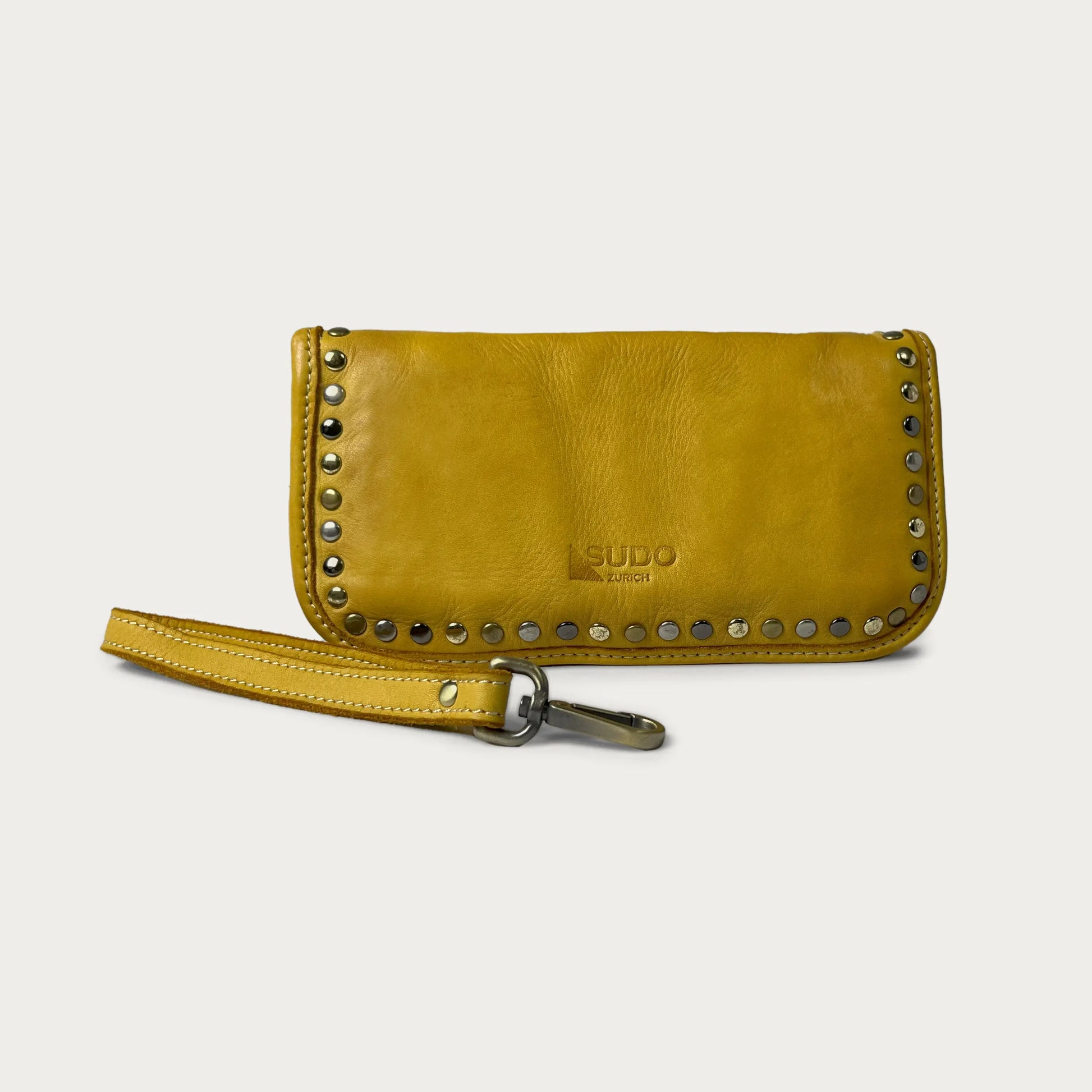 Mustard Italian leather wallet — Aurum style — wrist strap detail — Made in Tuscany