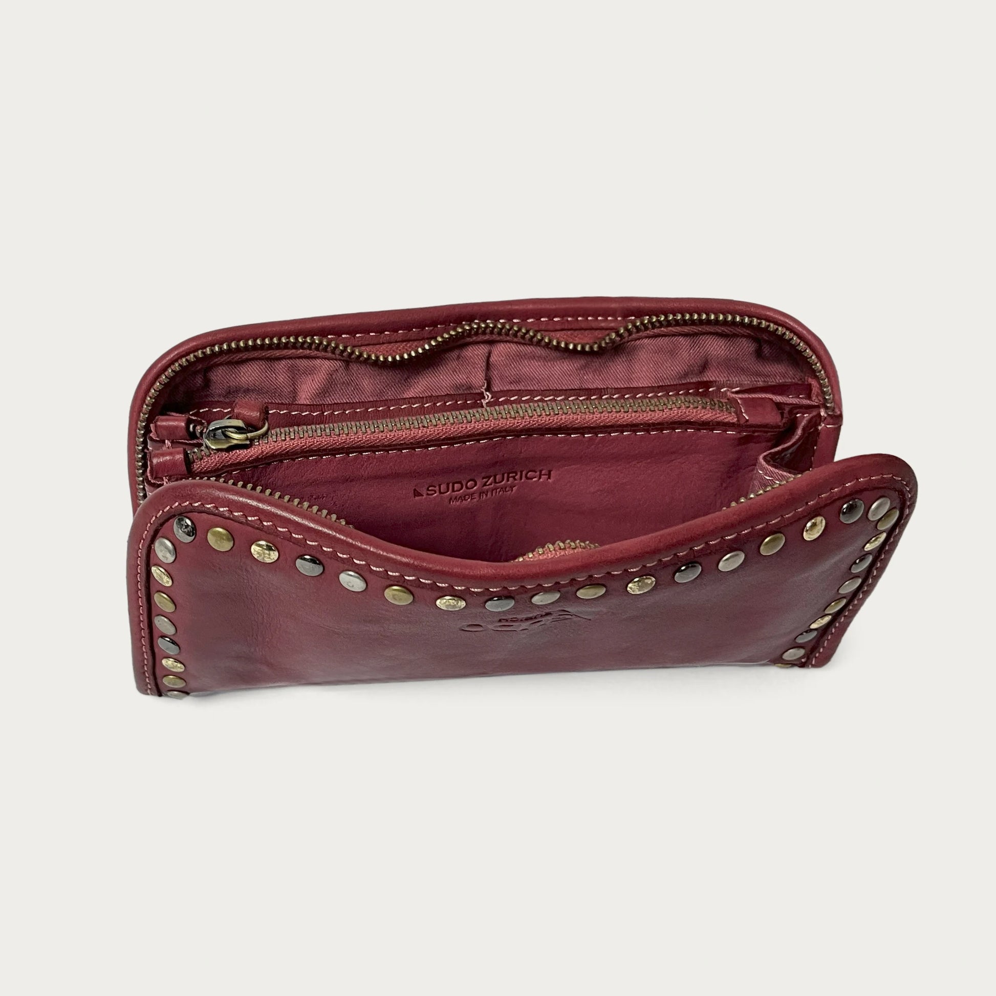 Wine Italian leather wallet — Aurum style — open view showing interior — Made in Tuscany