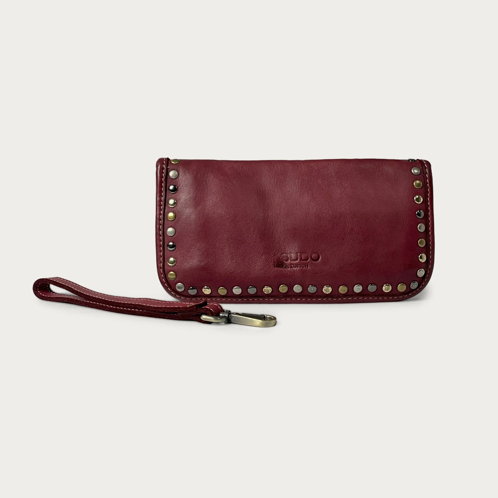 Wine Italian leather wallet — Aurum style — wrist strap detail — Made in Tuscany