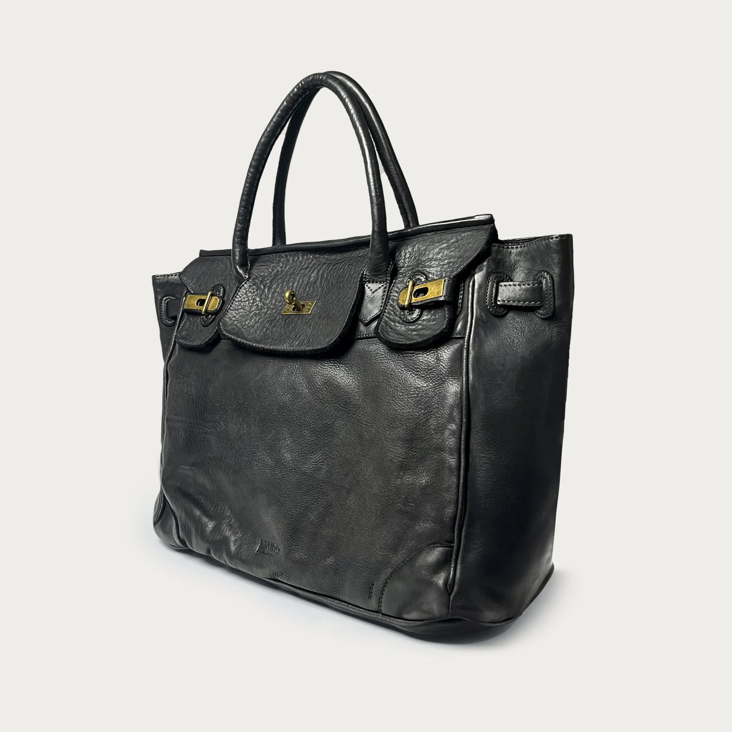 Black Italian leather tote — Heritage style — angled view — Made in Tuscany