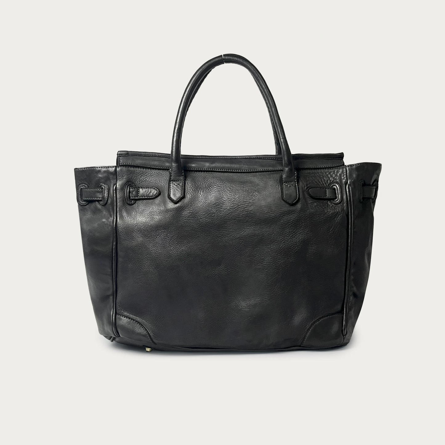 Black Italian leather tote — Heritage style — back view — Made in Tuscany