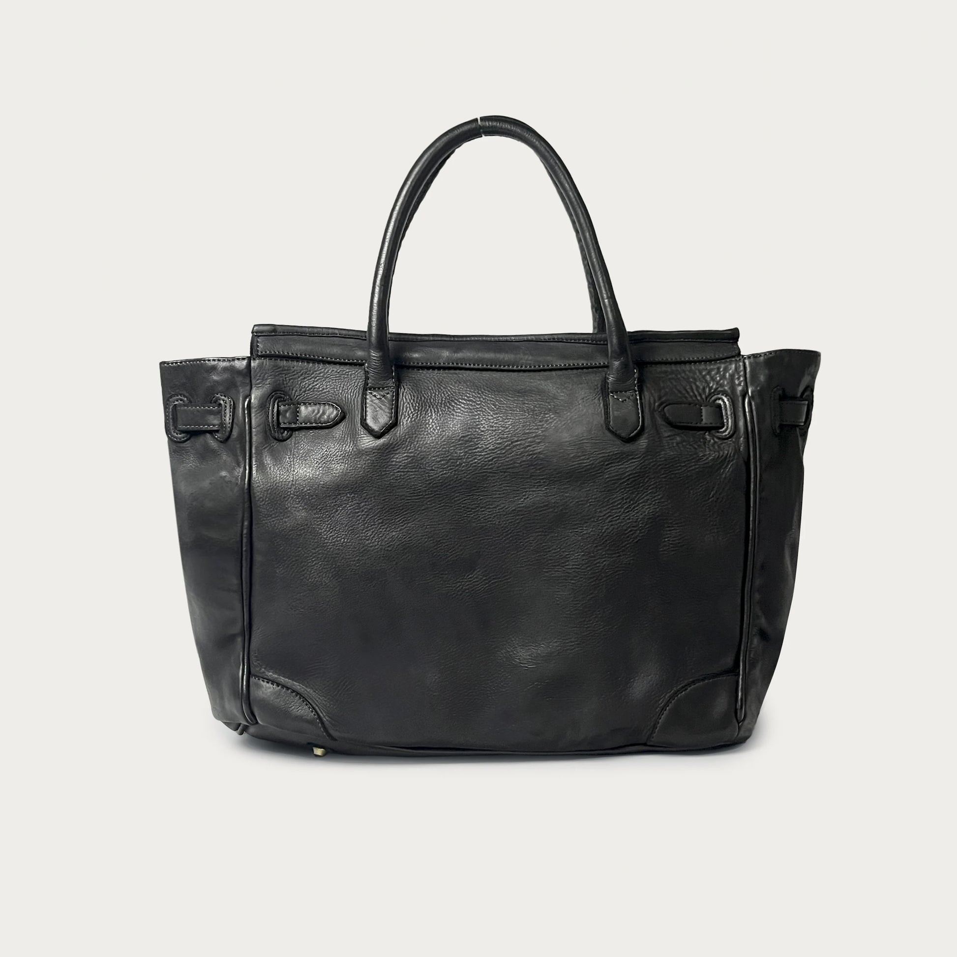 Black Italian leather tote — Heritage style — back view — Made in Tuscany