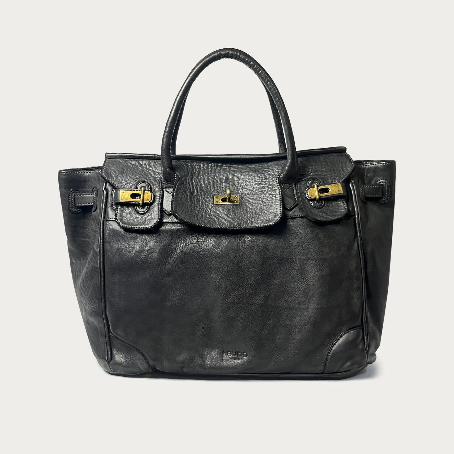 Black Italian leather tote — Heritage style — front view — Made in Tuscany