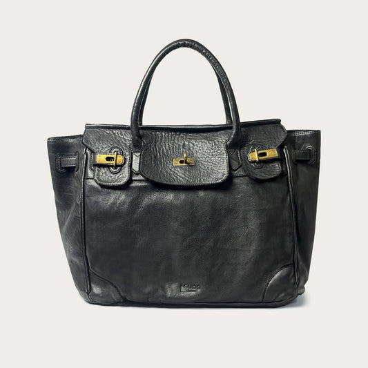 Black Italian leather tote — Heritage style — front view — Made in Tuscany