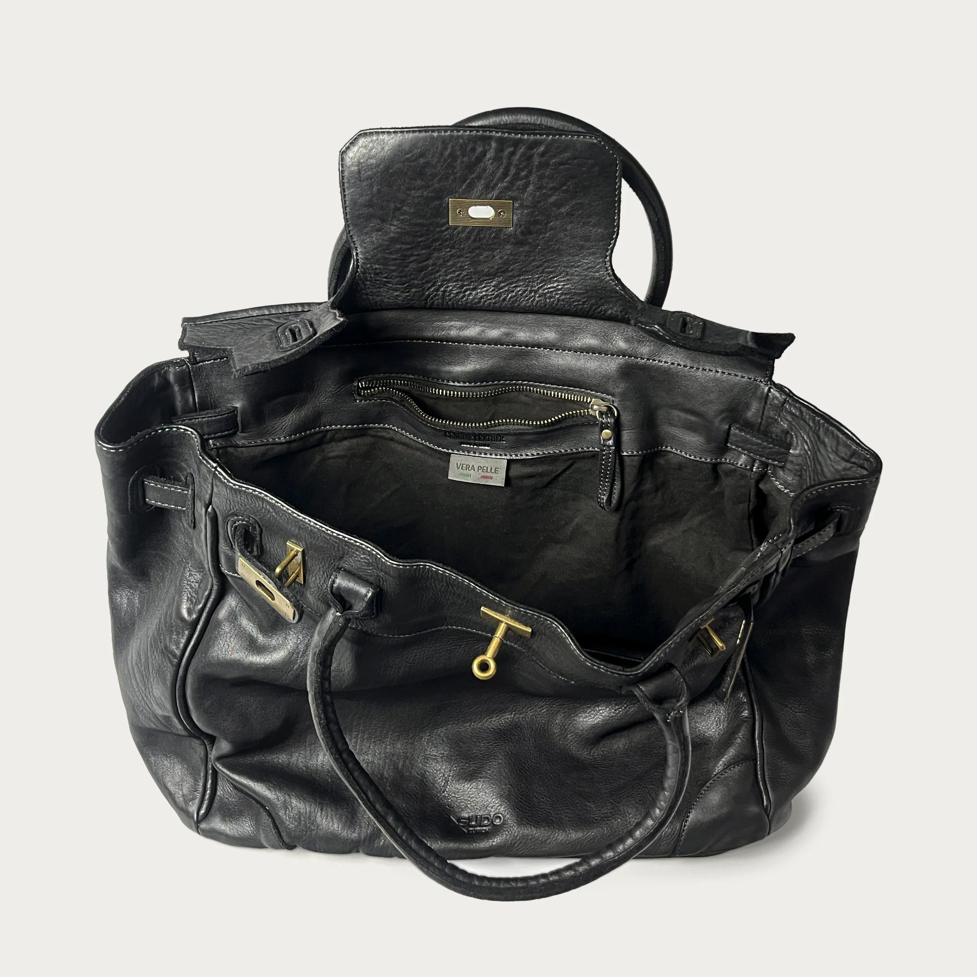 Black Italian leather tote — Heritage style — open view showing interior — Made in Tuscany