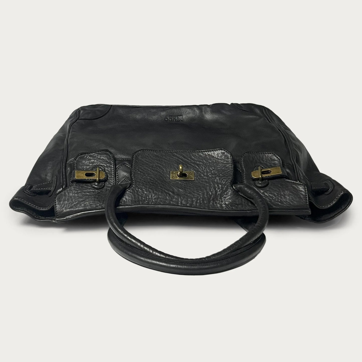 Black Italian leather tote — Heritage style — top view — Made in Tuscany