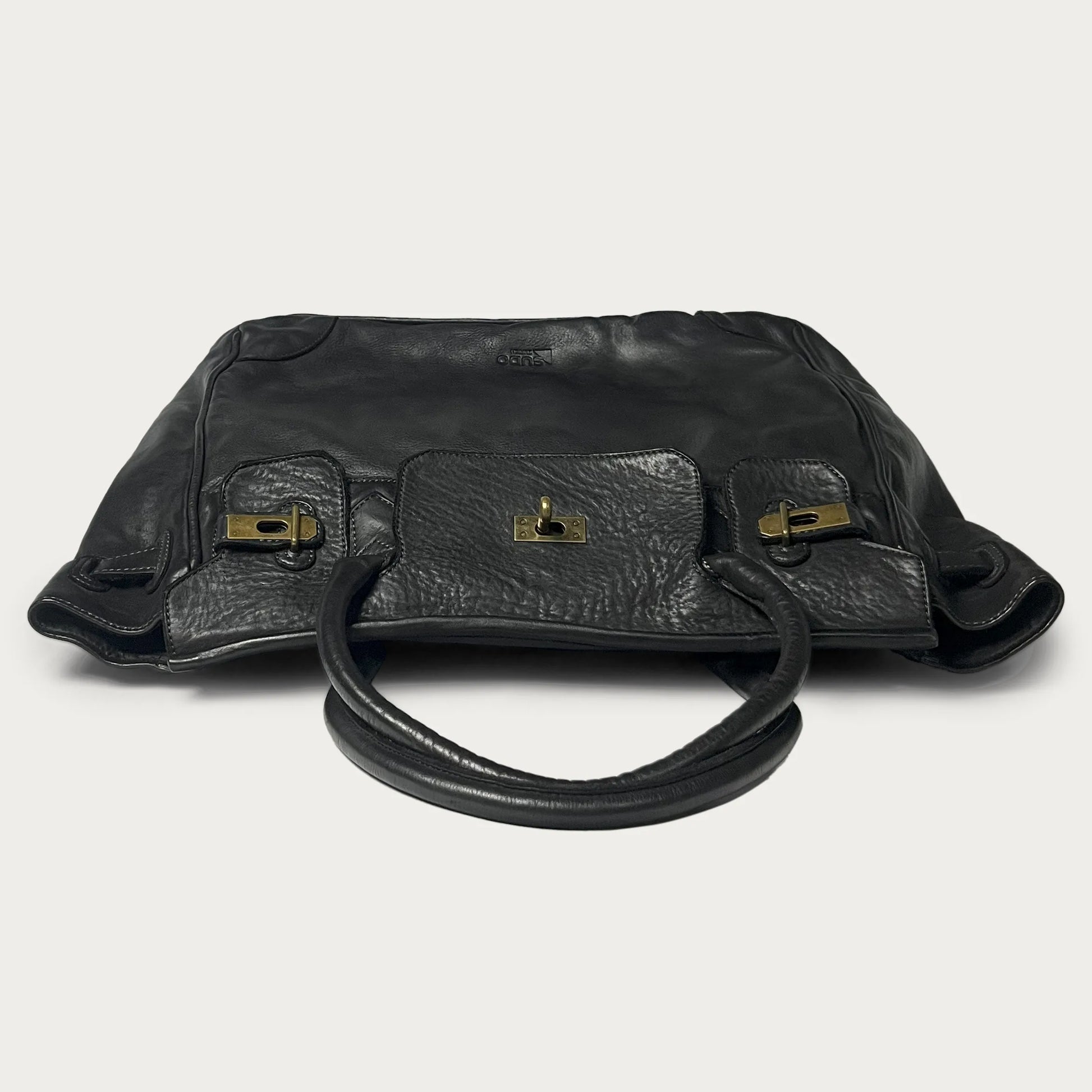 Black Italian leather tote — Heritage style — top view — Made in Tuscany
