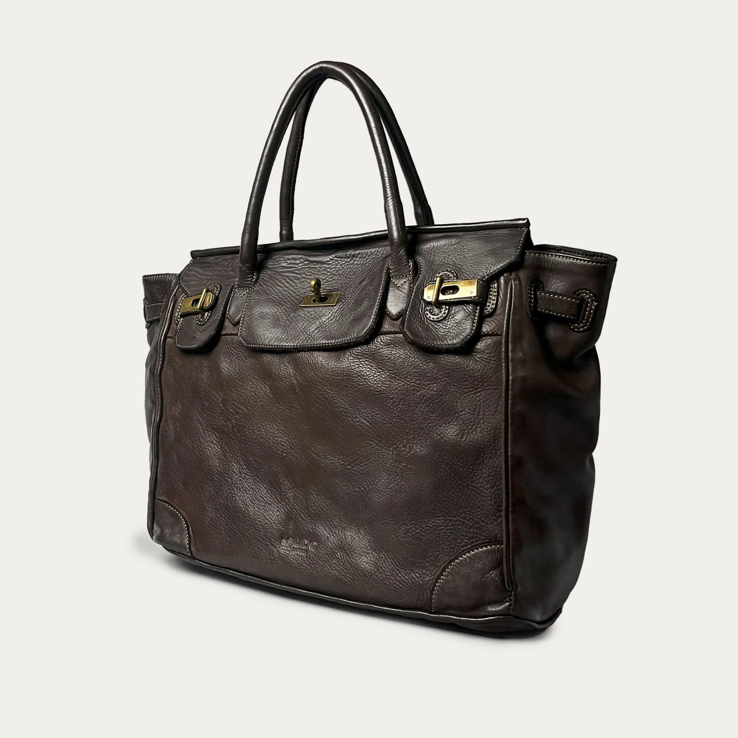 Brown Italian leather tote — Heritage style — angled view — Made in Tuscany