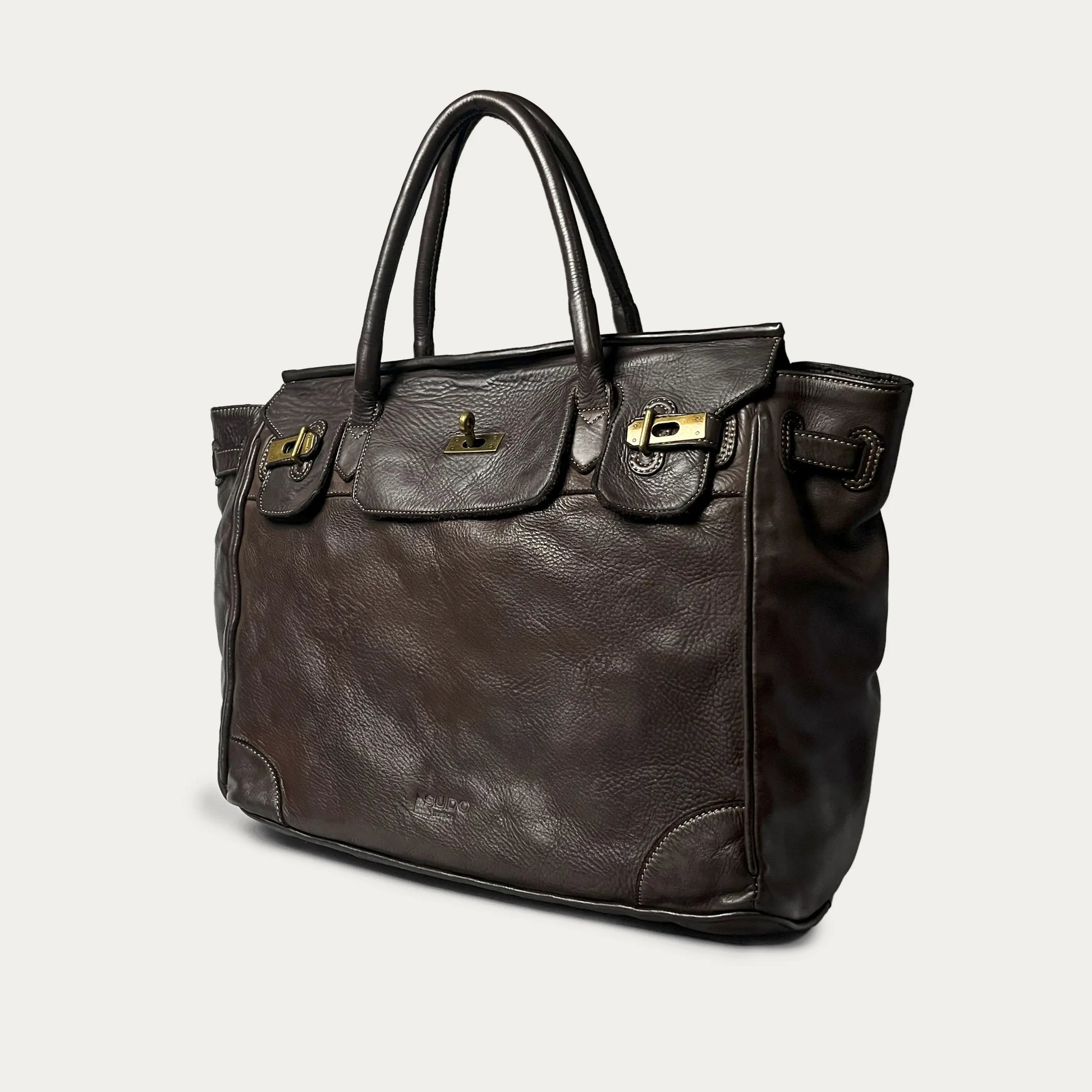 Brown Italian leather tote — Heritage style — angled view — Made in Tuscany