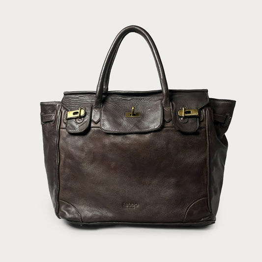 Brown Italian leather tote — Heritage style — front view — Made in Tuscany