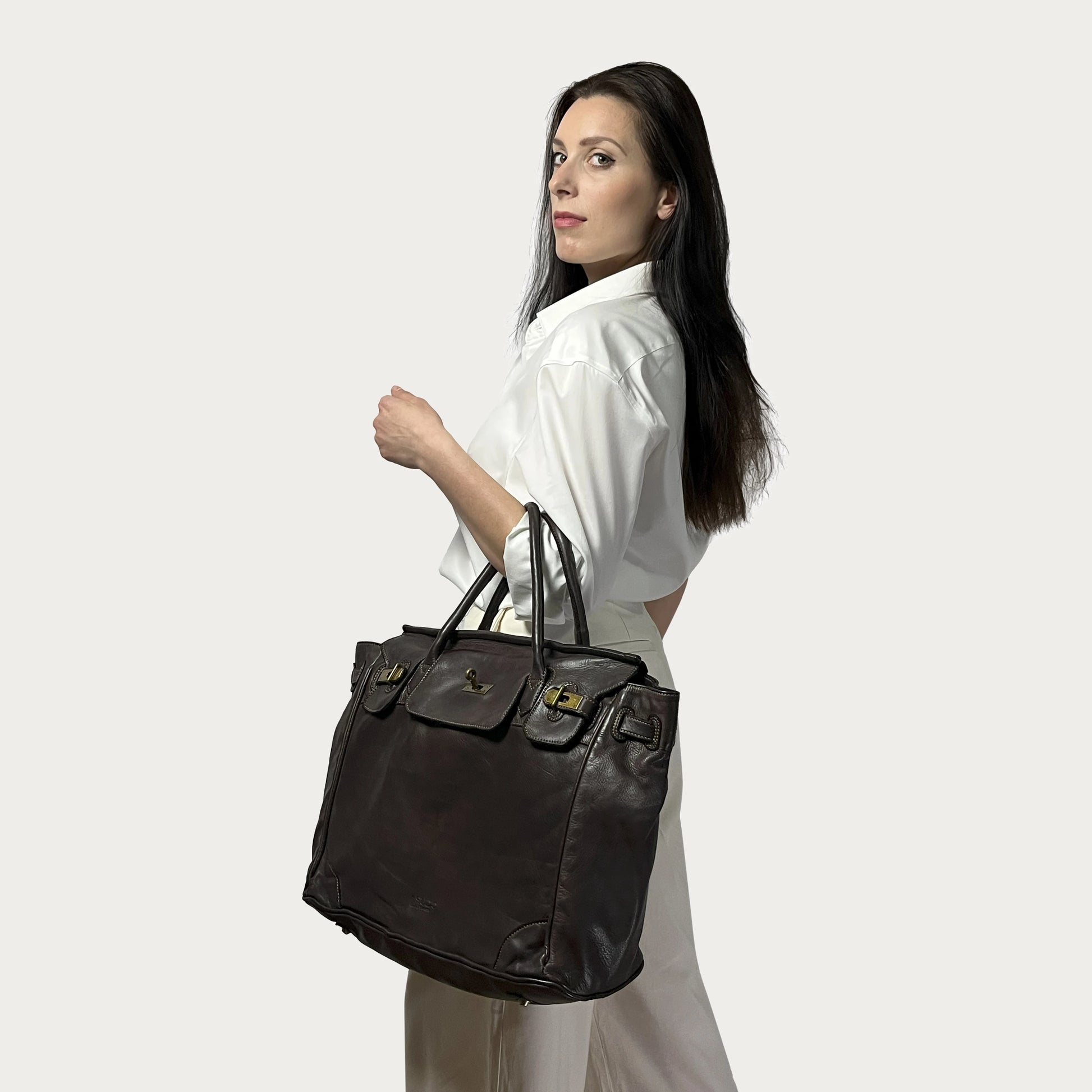 Brown Italian leather tote — Heritage style — lifestyle styling — Made in Tuscany