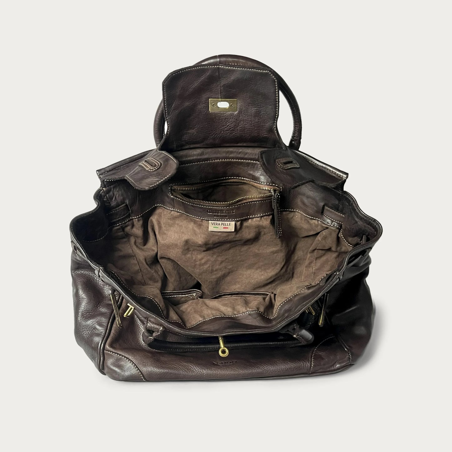 Brown Italian leather tote — Heritage style — open view showing interior — Made in Tuscany