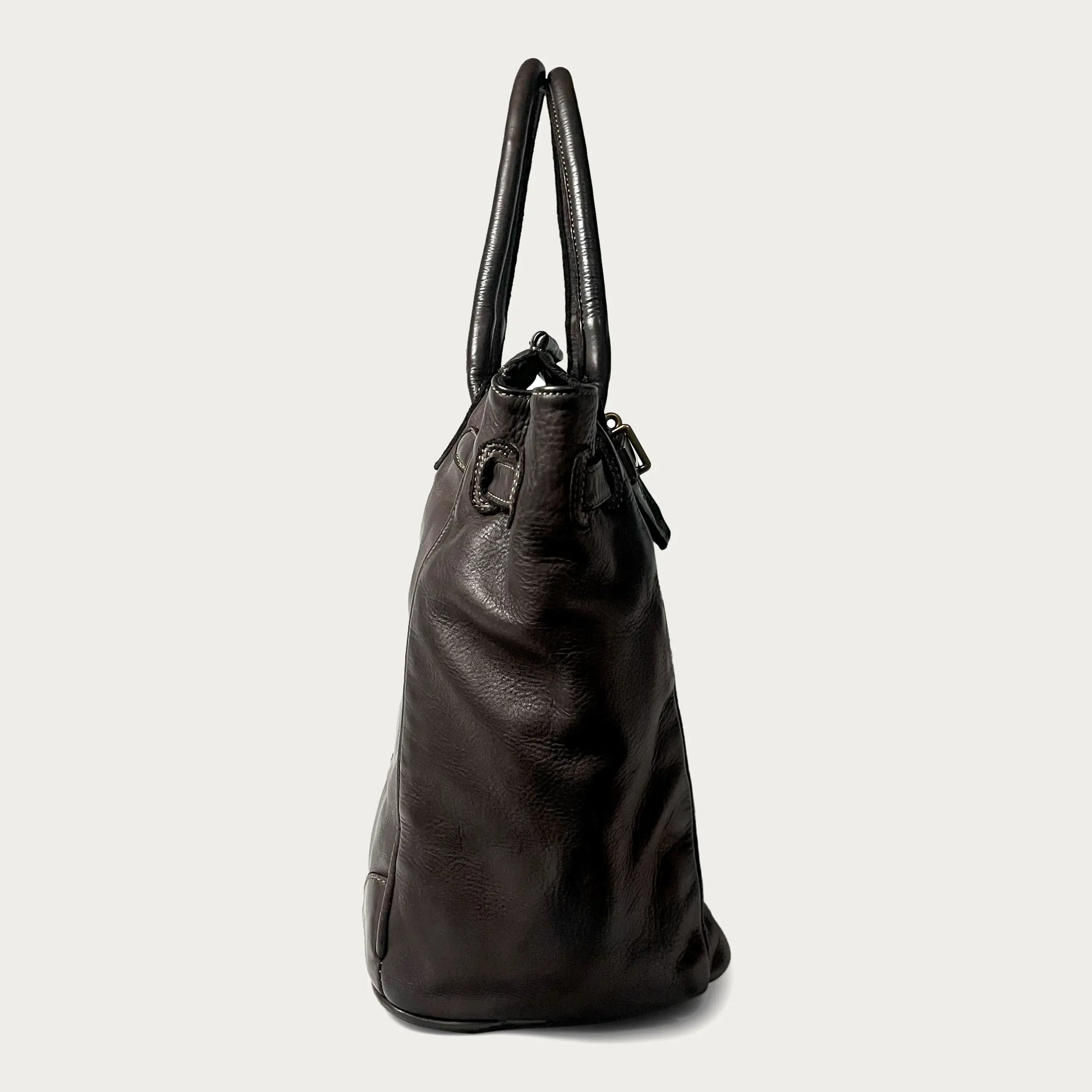 Brown Italian leather tote — Heritage style — side view — Made in Tuscany