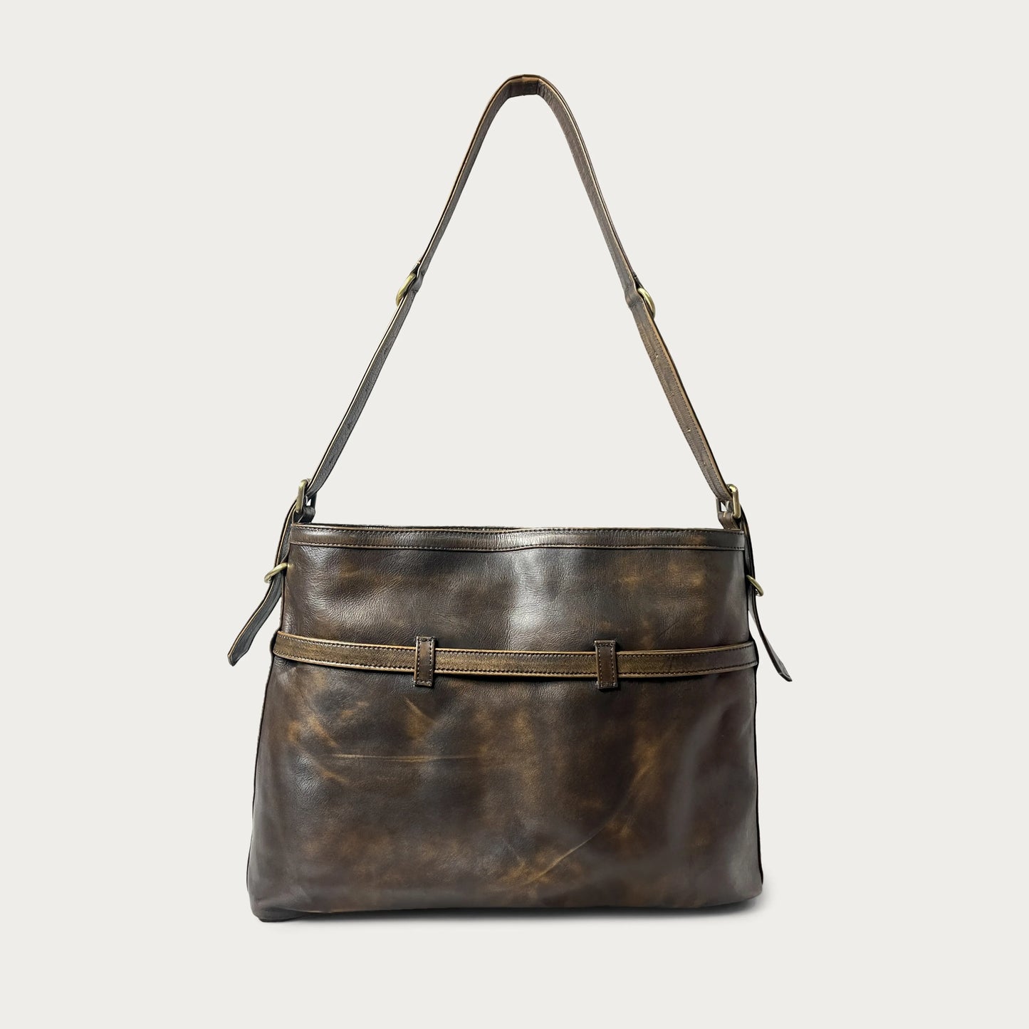 Brown Italian leather shoulder bag — Horizon style — back view — Made in Tuscany