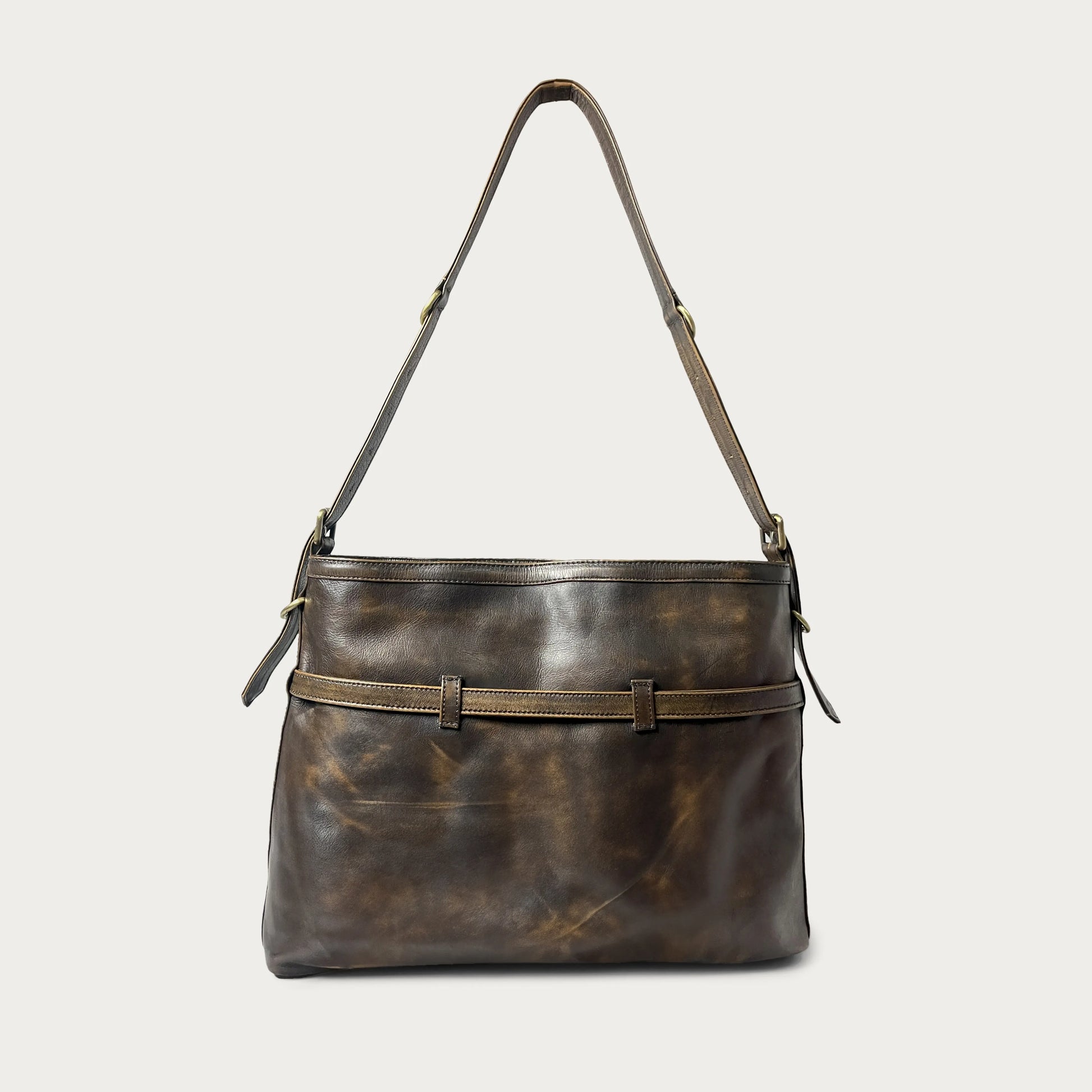 Brown Italian leather shoulder bag — Horizon style — back view — Made in Tuscany