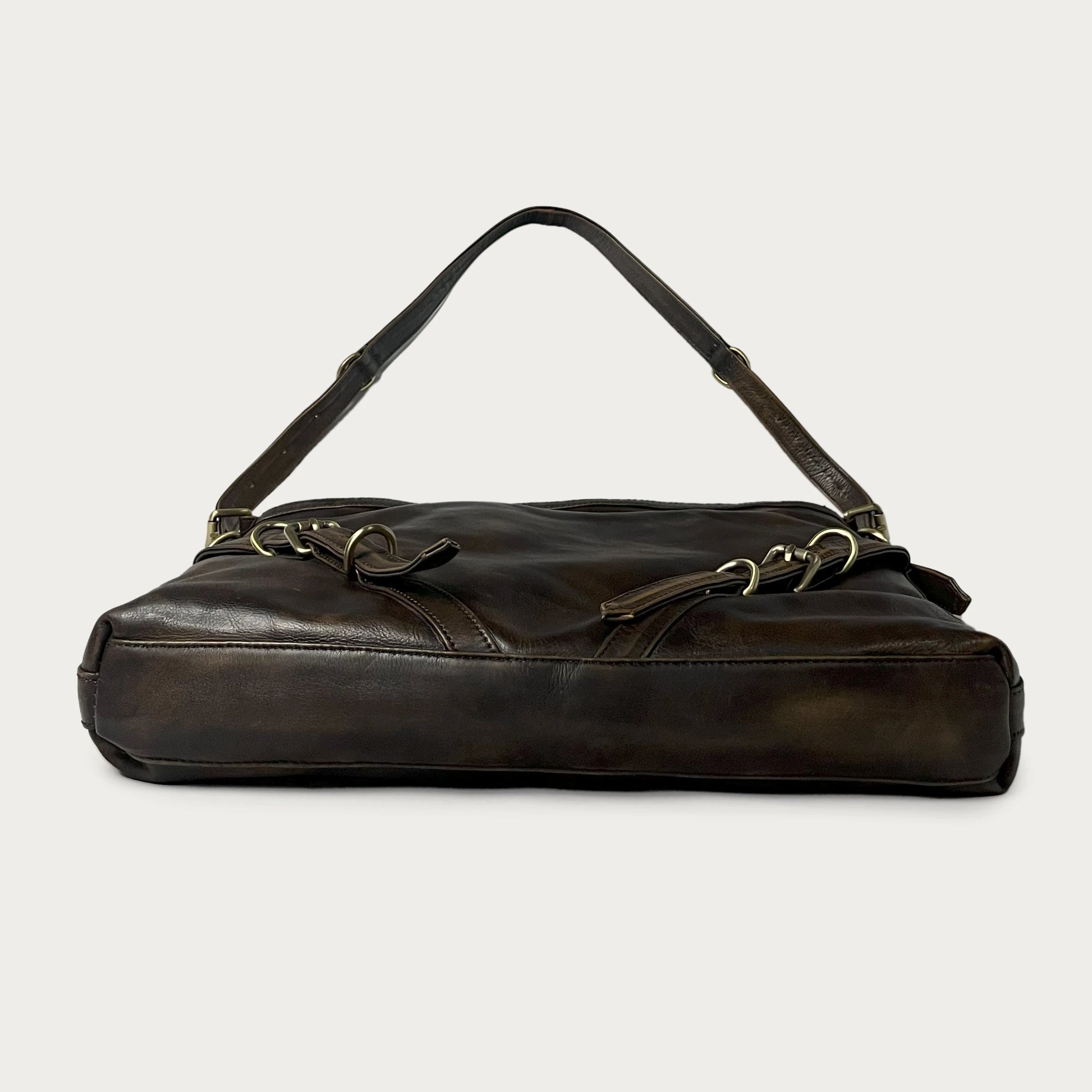 Brown Italian leather shoulder bag — Horizon style — bottom view — Made in Tuscany