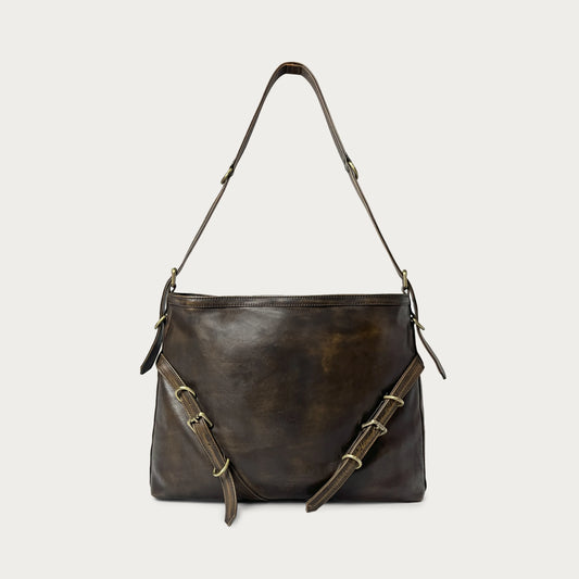 Brown Italian leather shoulder bag — Horizon style — front view — Made in Tuscany