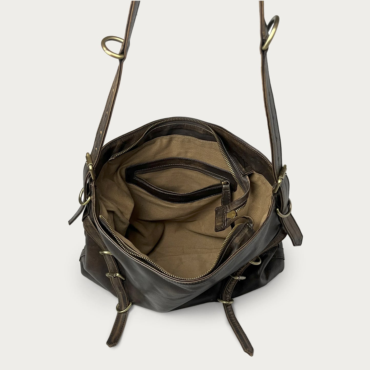 Brown Italian leather shoulder bag — Horizon style — open view showing interior — Made in Tuscany