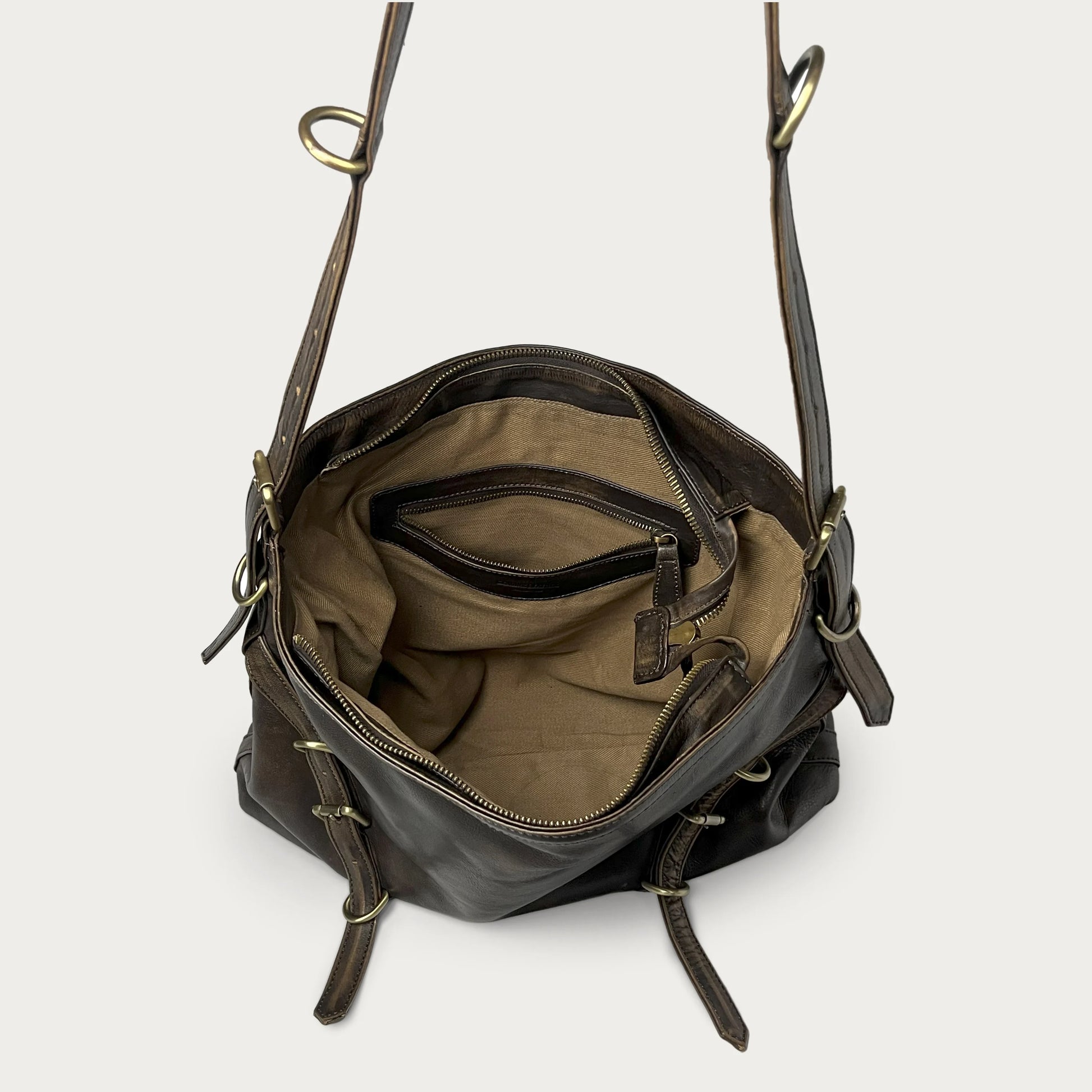 Brown Italian leather shoulder bag — Horizon style — open view showing interior — Made in Tuscany