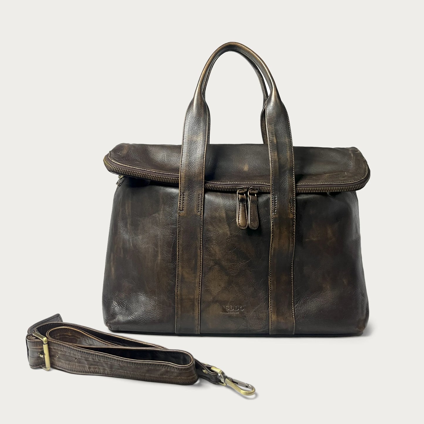 Brown Italian leather handbag — Journey style — front view with detachable strap — Made in Tuscany