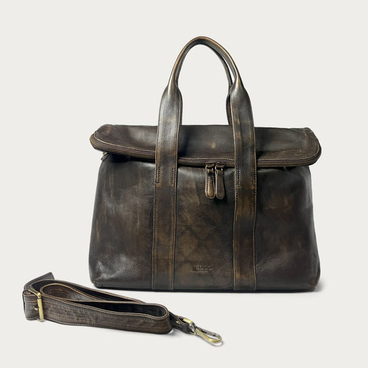 Brown Italian leather handbag — Journey style — front view with detachable strap — Made in Tuscany