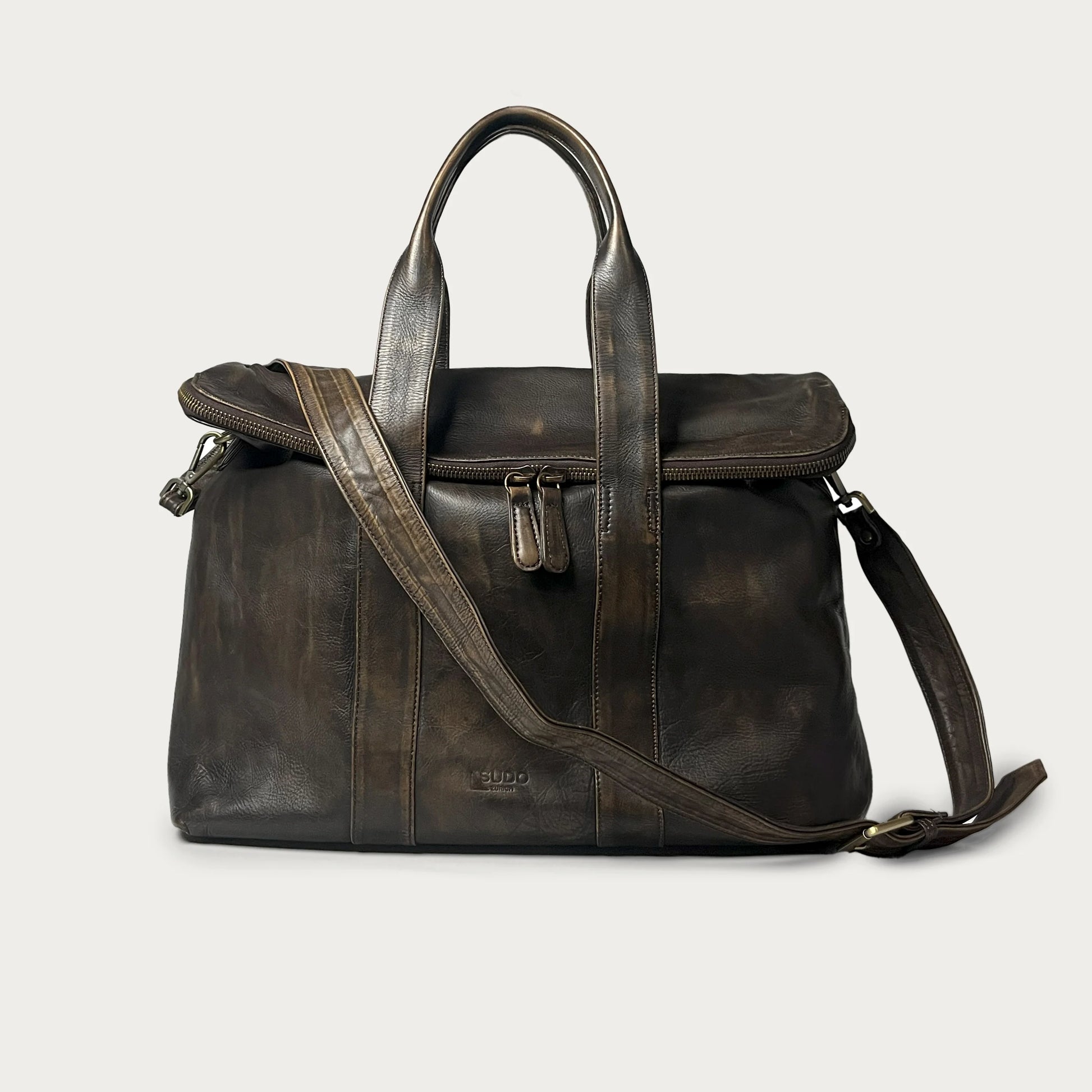 Brown Italian leather handbag — Journey style — front view — Made in Tuscany