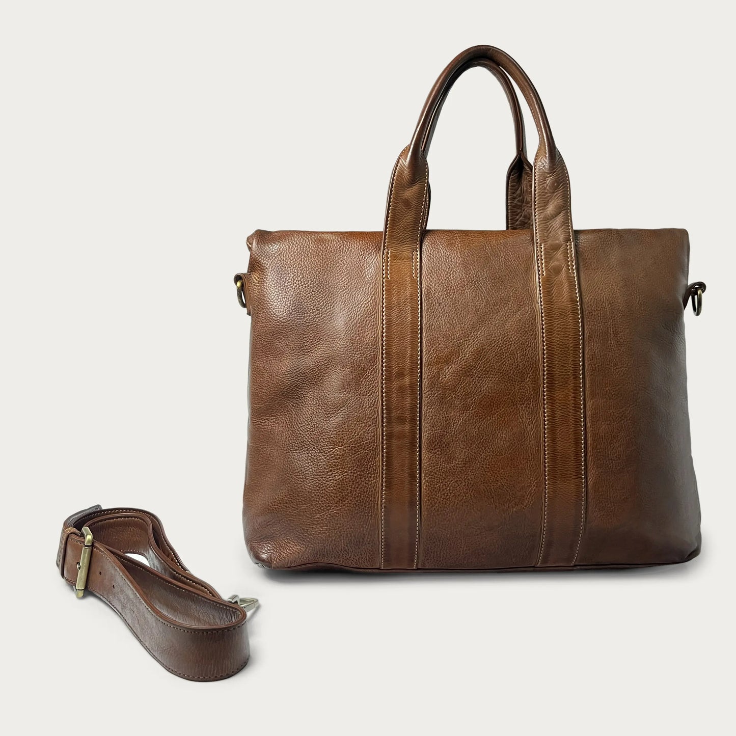 Cognac Italian leather handbag — Journey style — back view — Made in Tuscany