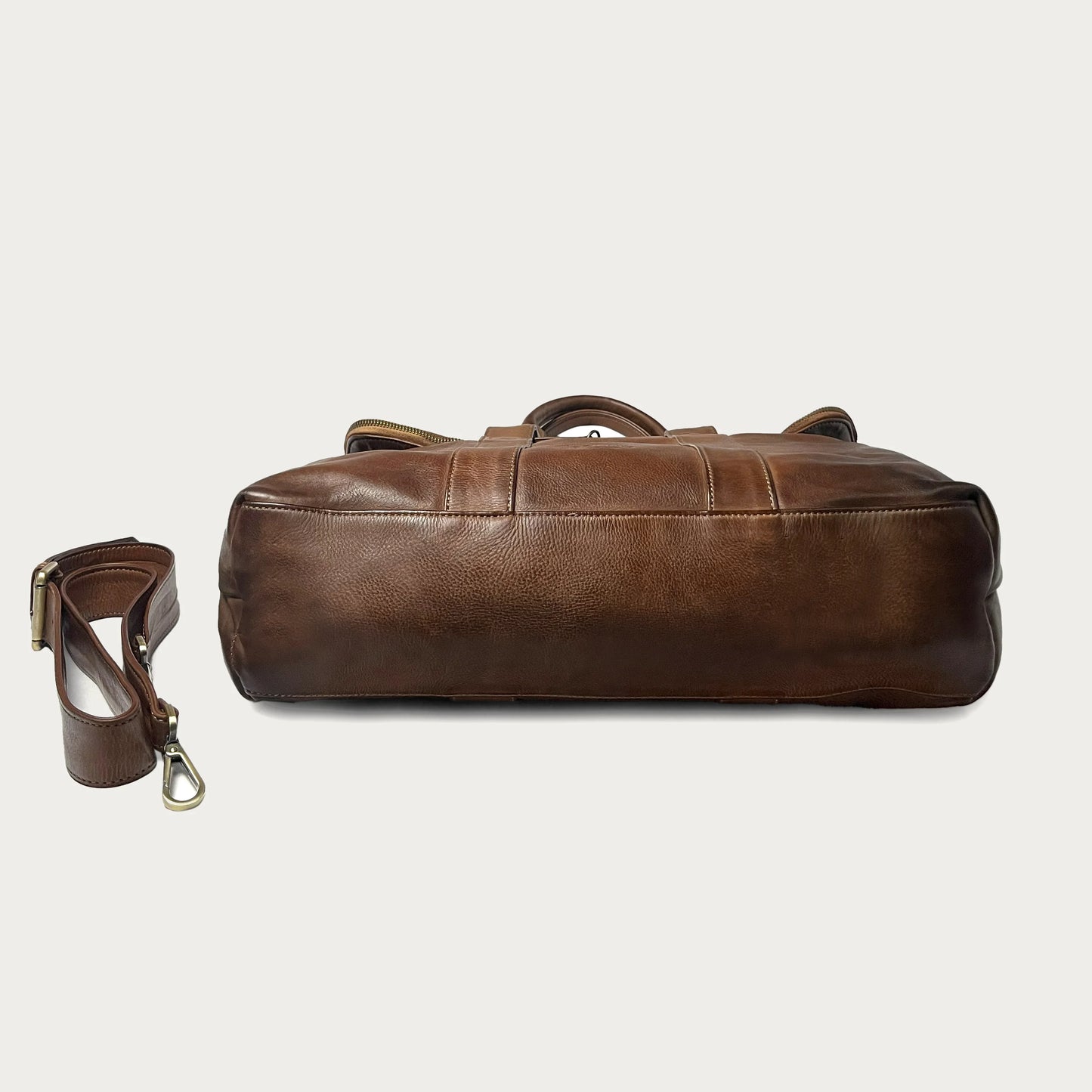 Cognac Italian leather handbag — Journey style — bottom view — Made in Tuscany