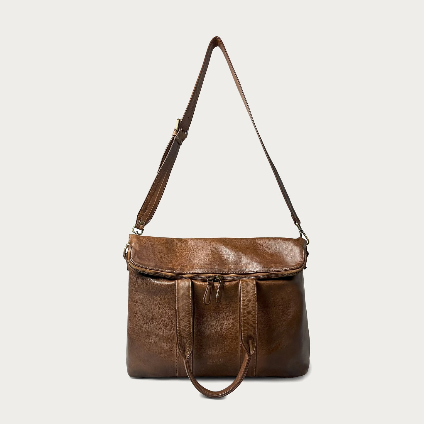 Cognac Italian leather handbag — Journey style — front view with crossbody strap — Made in Tuscany