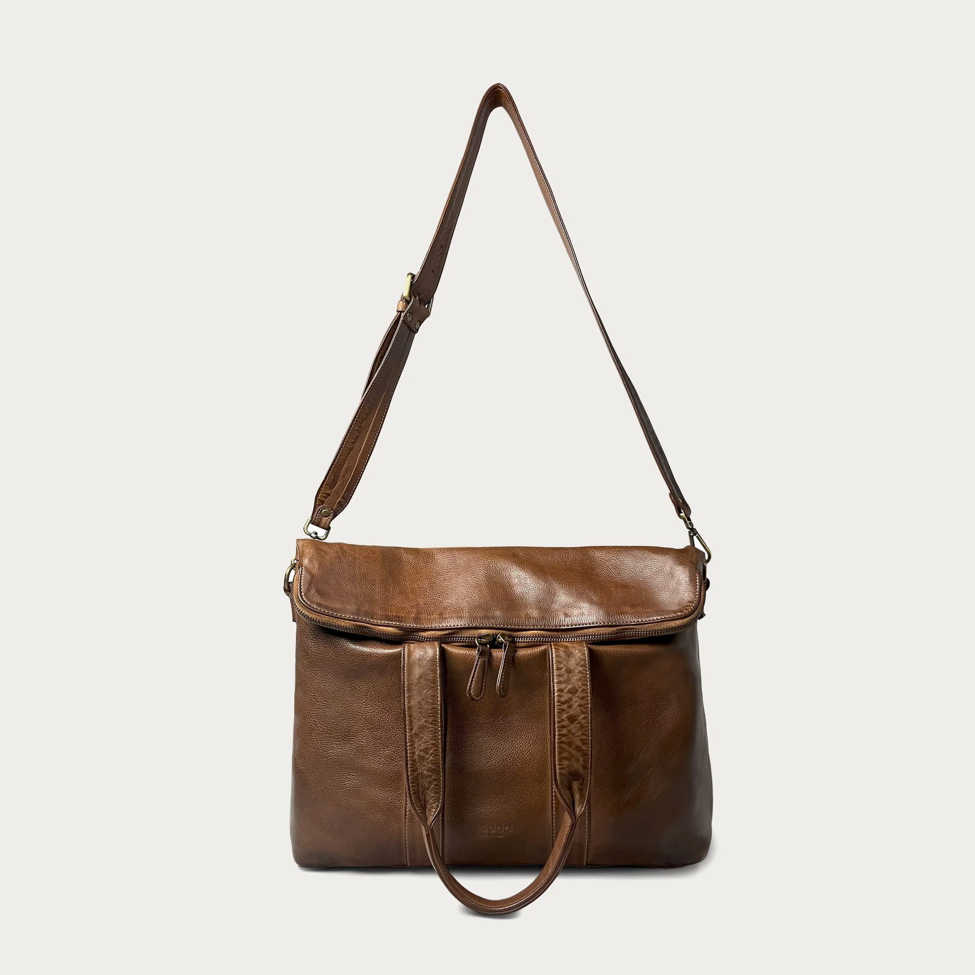 Cognac Italian leather handbag — Journey style — front view with crossbody strap — Made in Tuscany