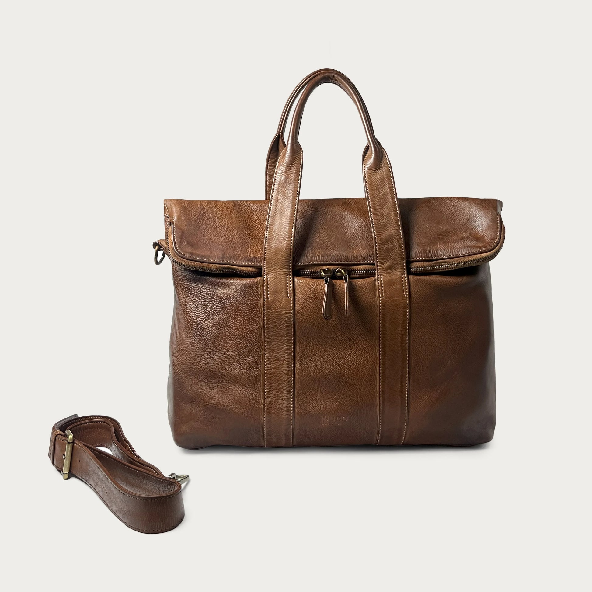 Cognac Italian leather handbag — Journey style — front view with detachable strap — Made in Tuscany