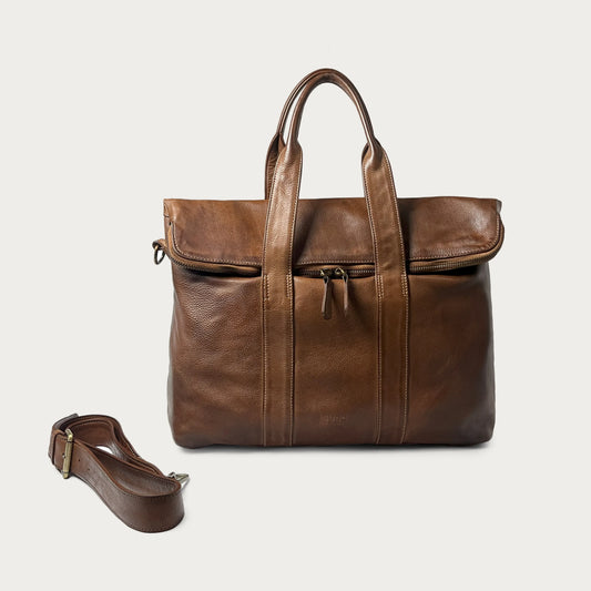 Cognac Italian leather handbag — Journey style — front view with detachable strap — Made in Tuscany