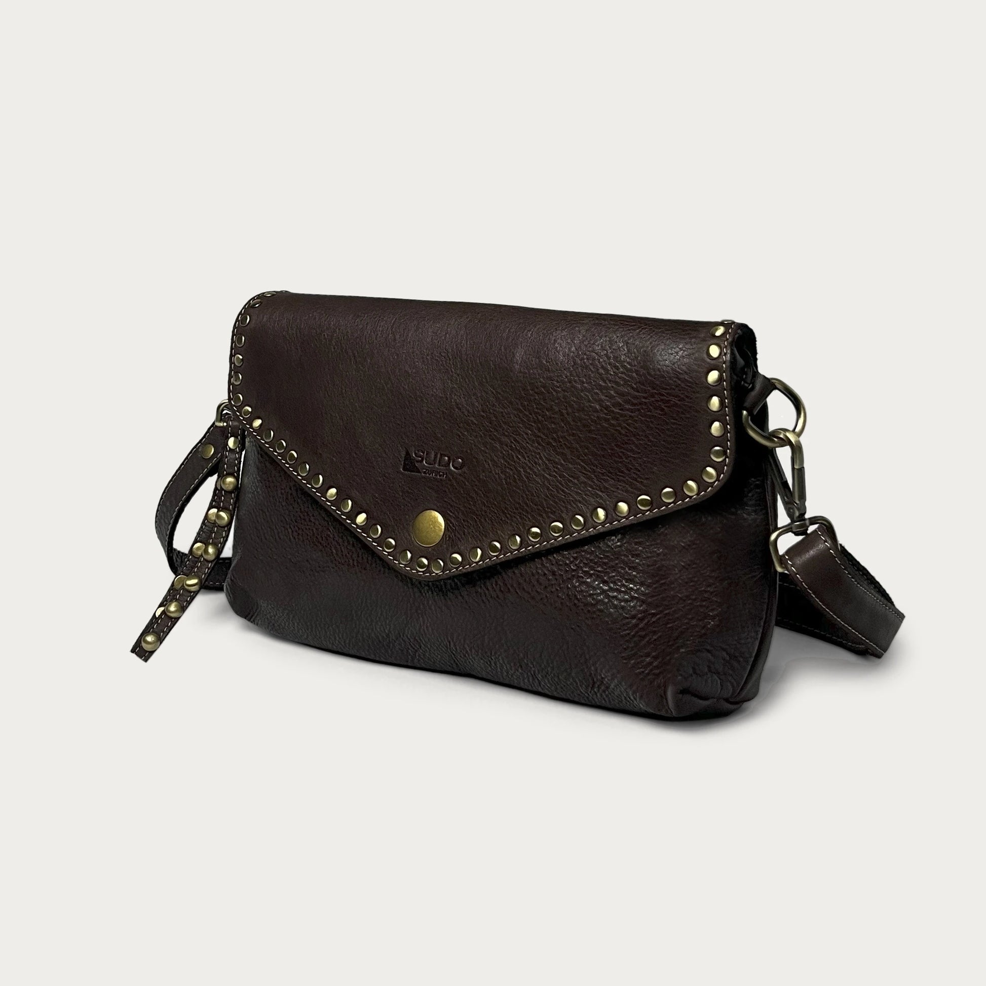 Brown Italian leather pochette — Solstice style — angled view — Made in Tuscany