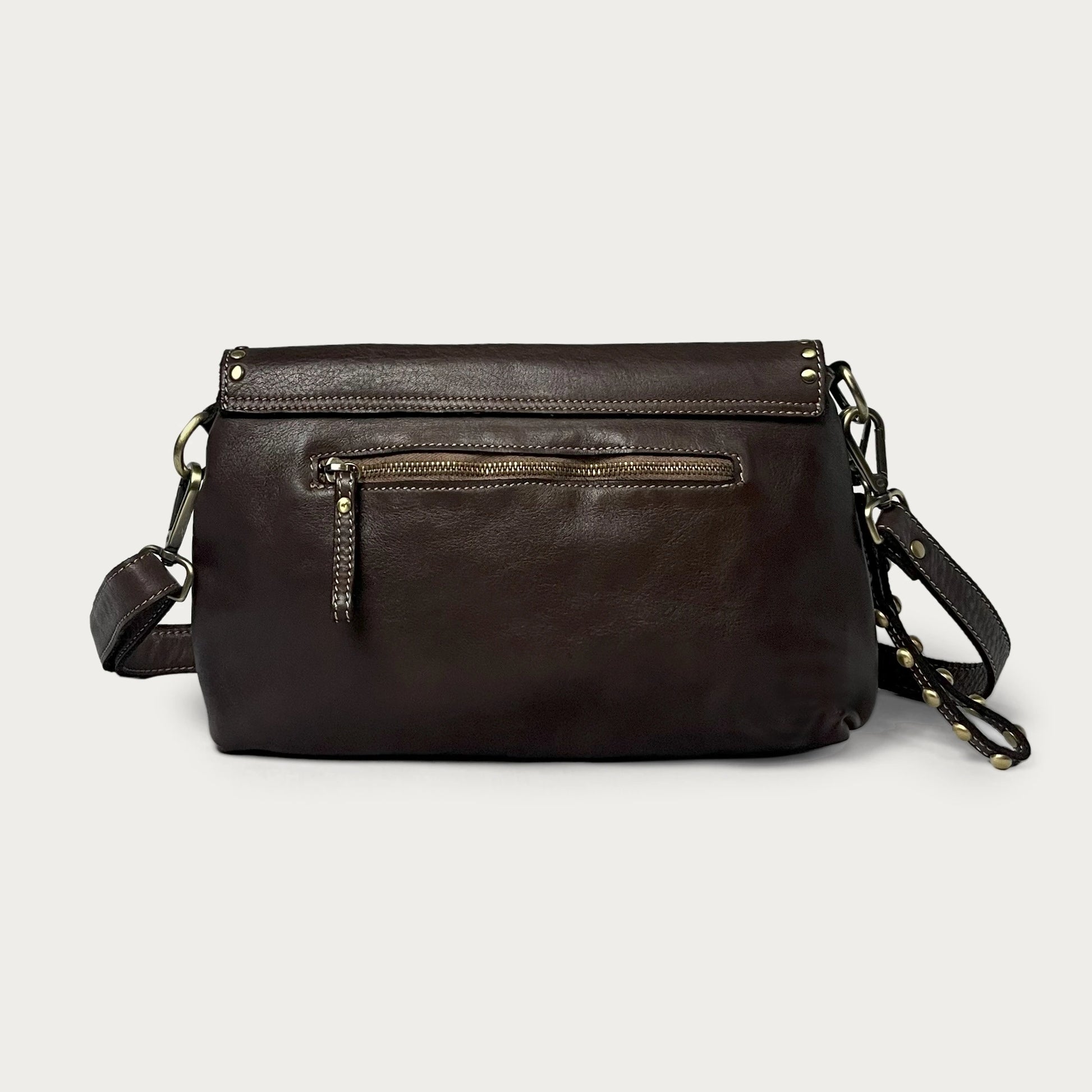 Brown Italian leather pochette — Solstice style — back view — Made in Tuscany