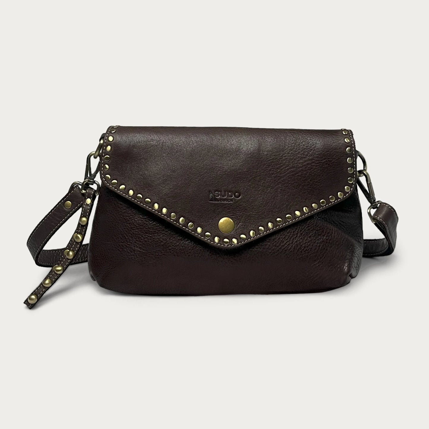 Brown Italian leather pochette — Solstice style — front view — Made in Tuscany