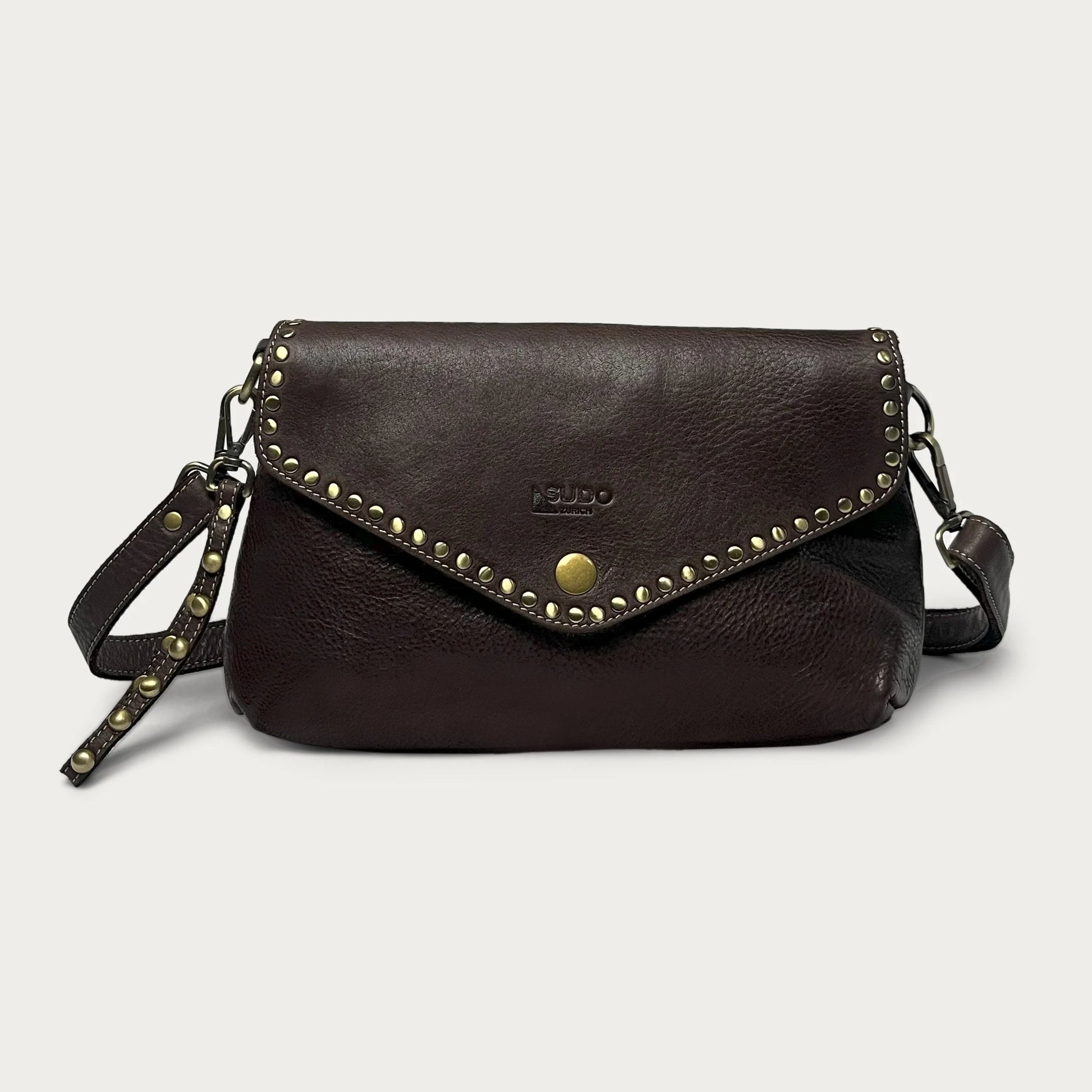 Brown Italian leather pochette — Solstice style — front view — Made in Tuscany
