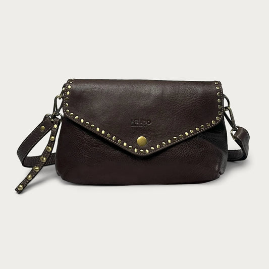 Brown Italian leather pochette — Solstice style — front view — Made in Tuscany