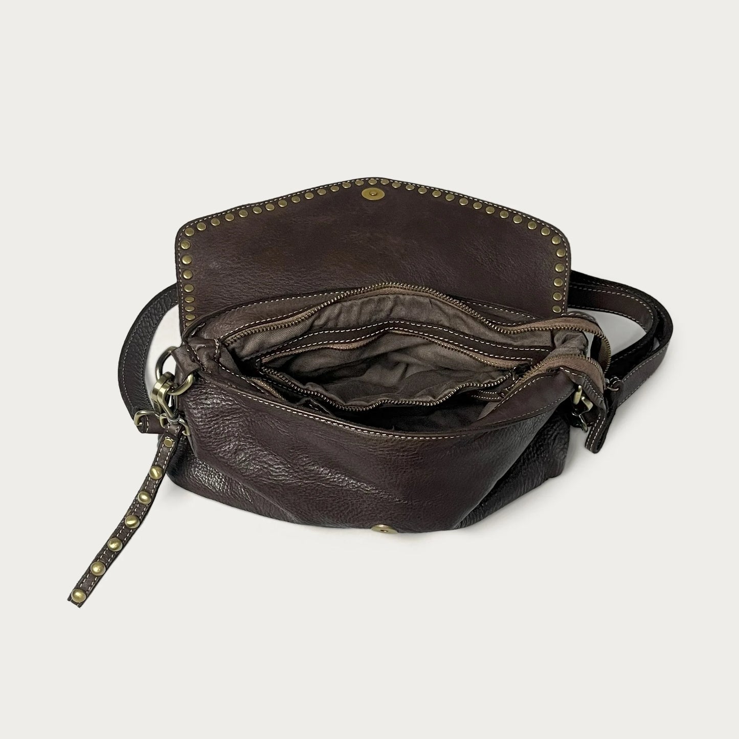 Brown Italian leather pochette — Solstice style — open view showing interior — Made in Tuscany