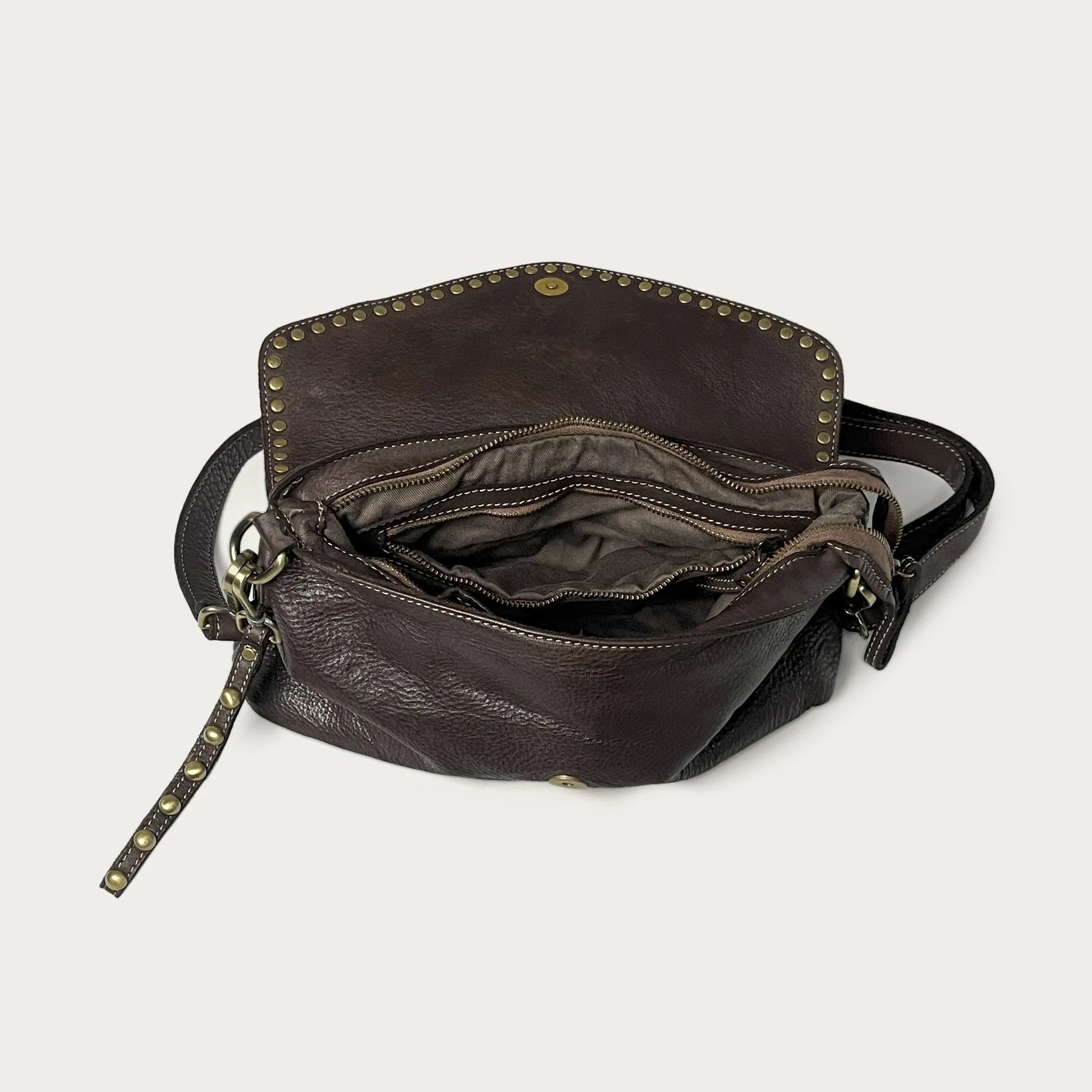 Brown Italian leather pochette — Solstice style — open view showing interior — Made in Tuscany