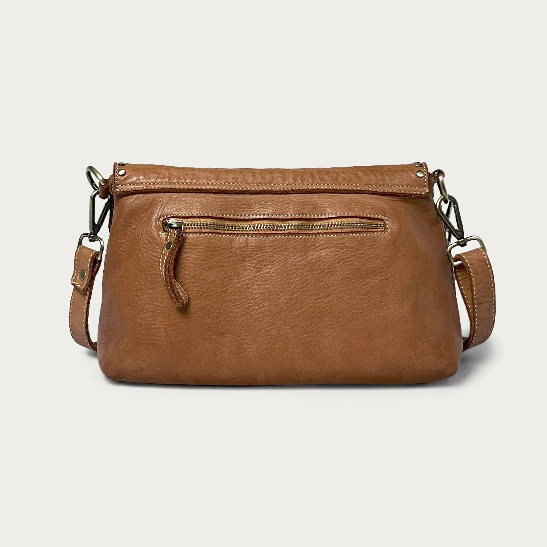 Cognac Italian leather pochette — Solstice style — back view — Made in Tuscany